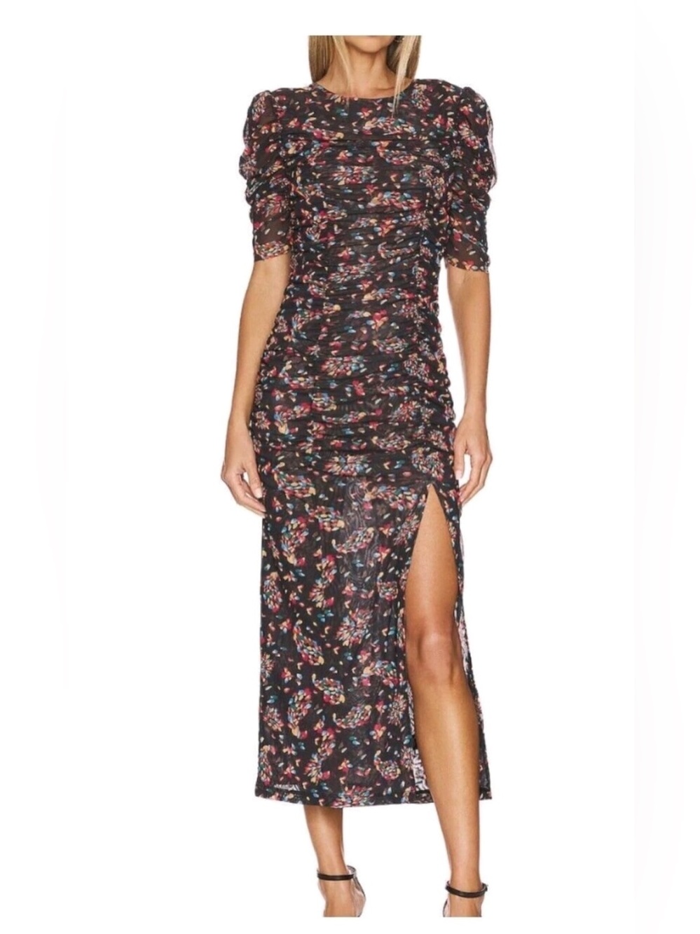 Free People Black Floral Ruched Midi Dress with Side Slit
